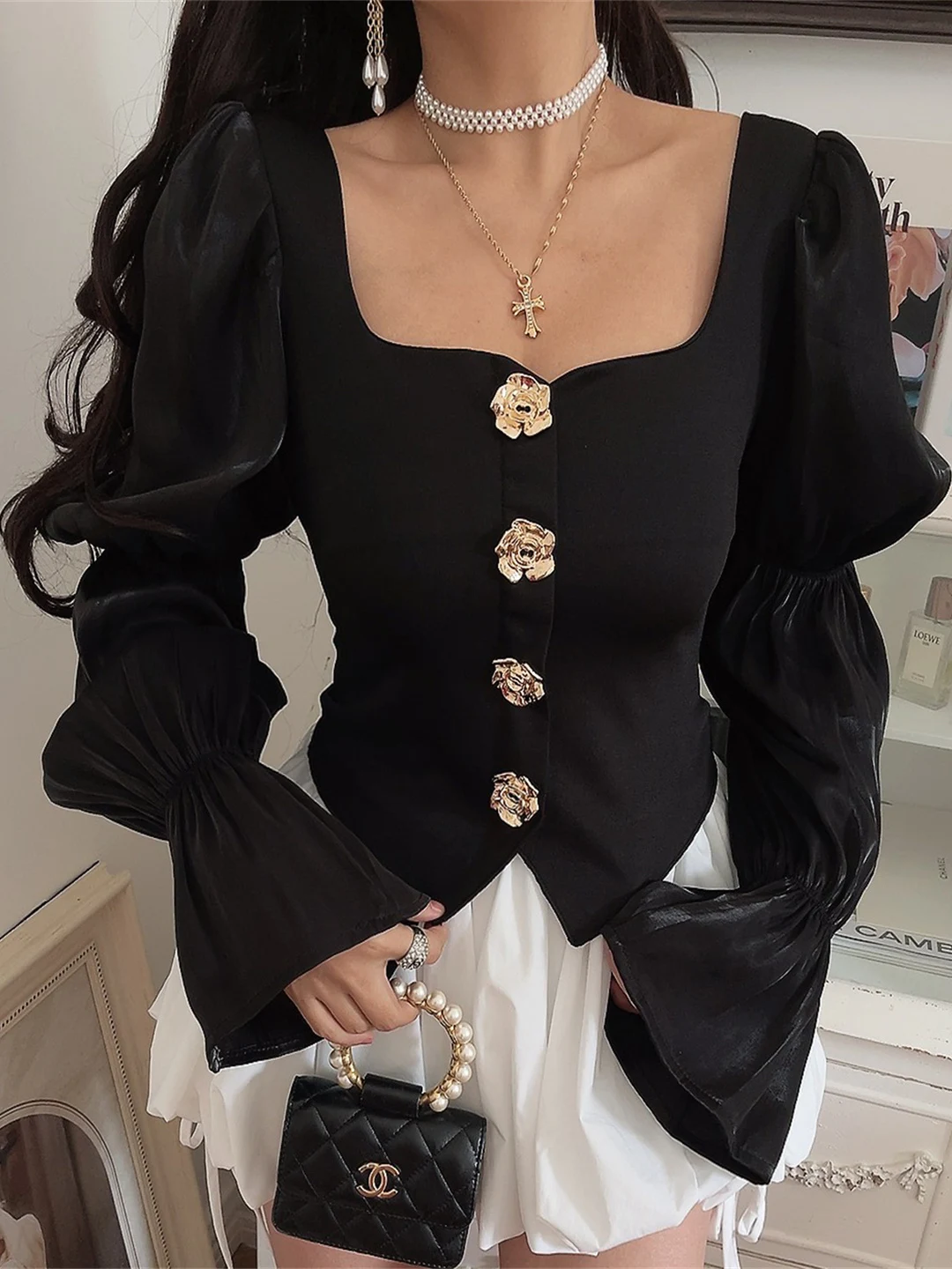 

Slimming Black Shirt Women's French Style Gathered Waist Lantern Sleeve Square Collar Spring Summer Vintage Large Collar Shirt
