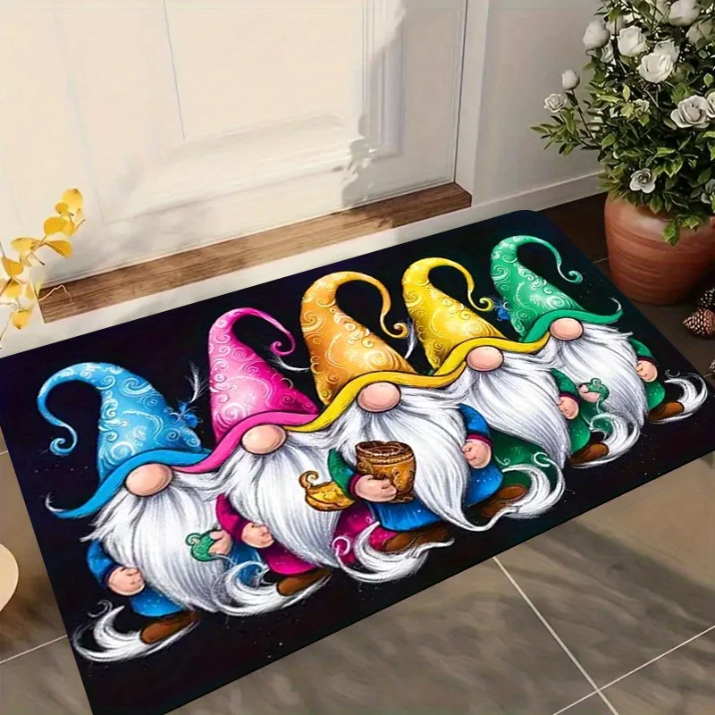 Vibrant Colorful Rainbow Five Gnome Cute Cartoon Flannel Doormat Anti Slip Absorbent Front Door Mat Home Entrance Decor Rug