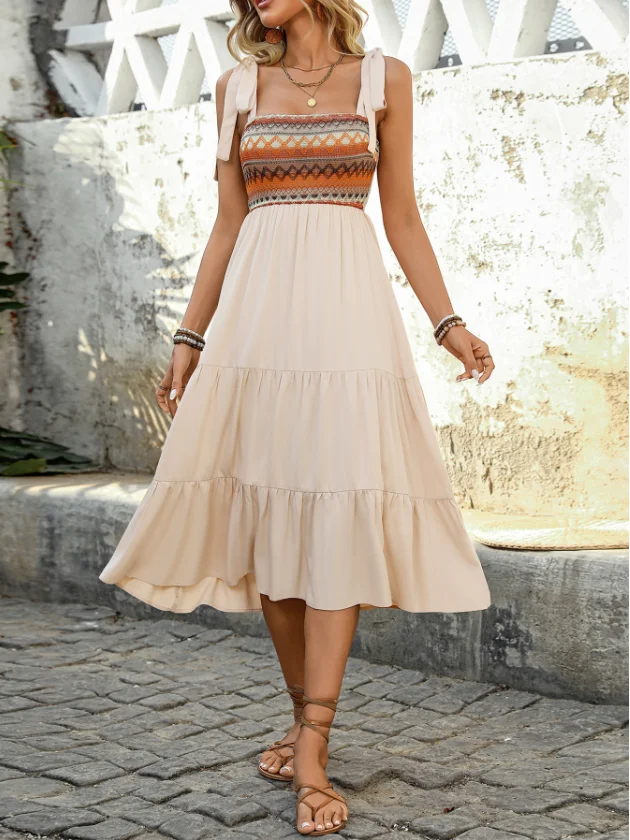 

Splicing ethnic style dress with vest skirt