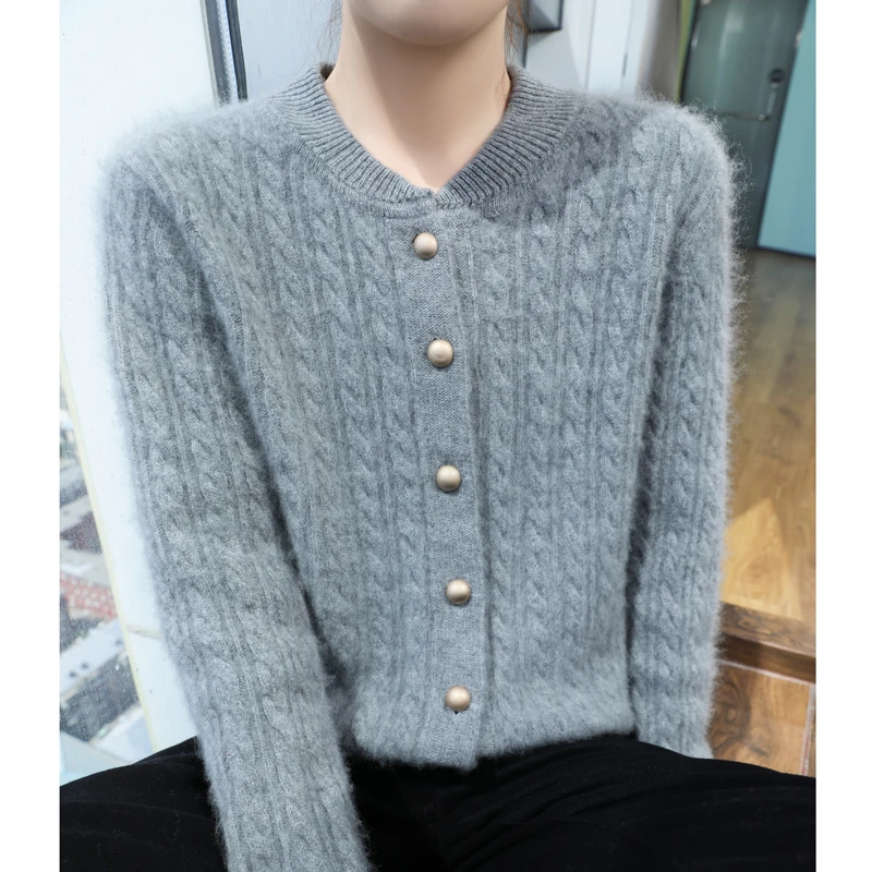 

2024 autumn and winter new women's 100% merino wool cardigan O-neck thick solid color casual fashion cashmere sweater top.