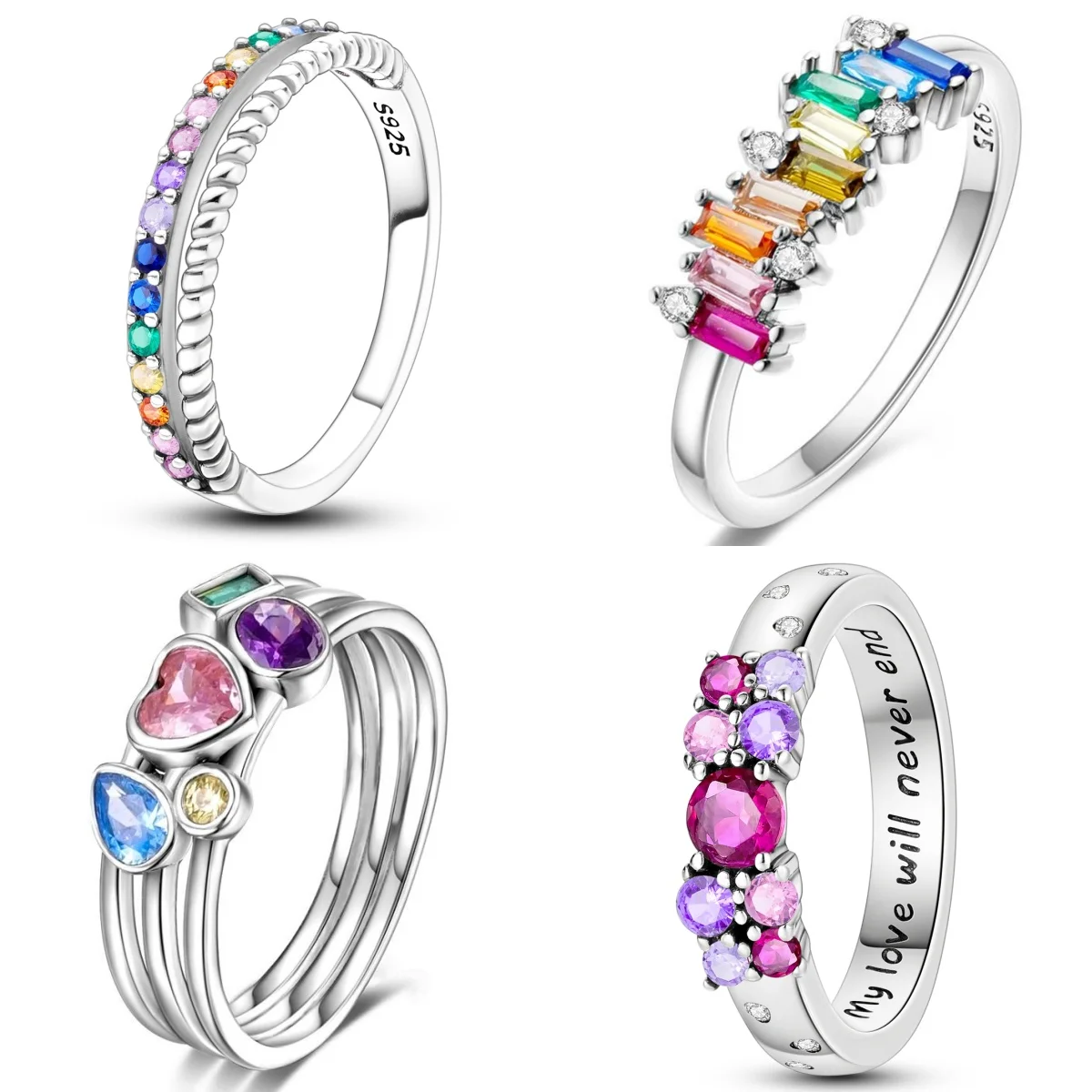 Orstarry S925 Sterling Silver Colorful Zircon Double Row Closed Ring For Women Finger Ring Personality Jewelry Party Trendy Gift