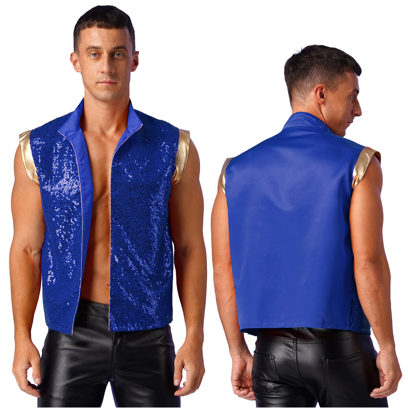 Mens Halloween Arabian Prince Vest Sparkly Sequin Open Front Metallic Patchwork Waistcoat Indian Arabian Cosplay Costumes