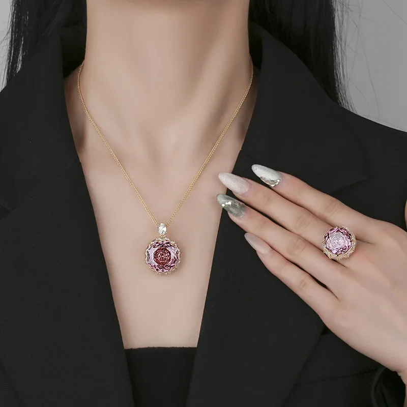 

Adjustable Luxury Rose Flower Style Jewelry Circular Purple Gemstone Pendant Necklace Ring for Women Fashion Jewelry Party Gift