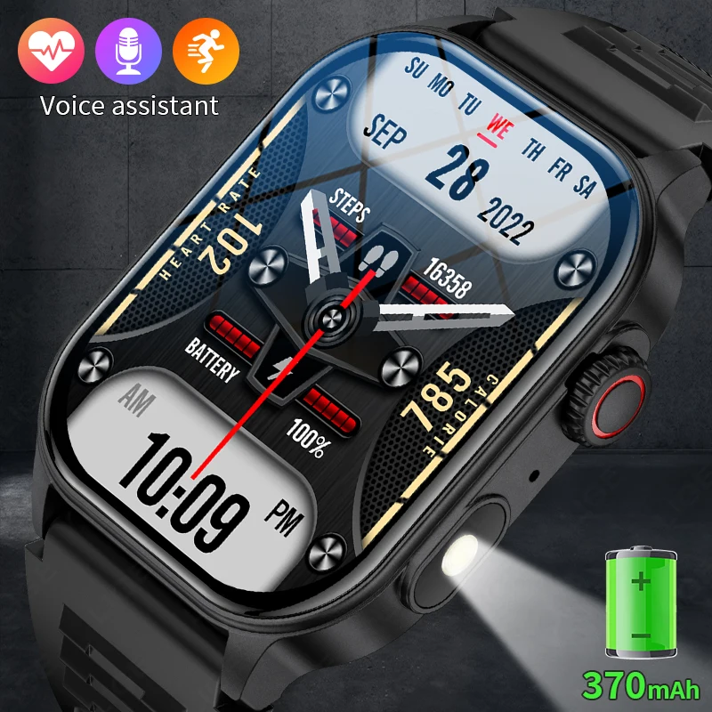 LIGE 2.01'' Screen Health Monitor Smart Watch LED Flashlight New Military Sport Watches Bluetooth Call Waterproof Smartwatch Men