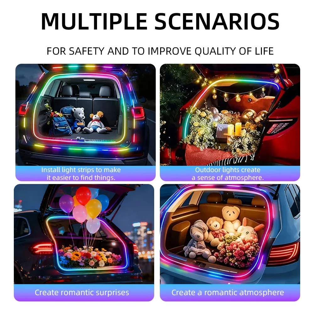 RGB Car Trunk LED Strip Light Streamer Warm White Flexible Strip for Cargo Area Lighting Diy Outdoor Camping Decoration Light