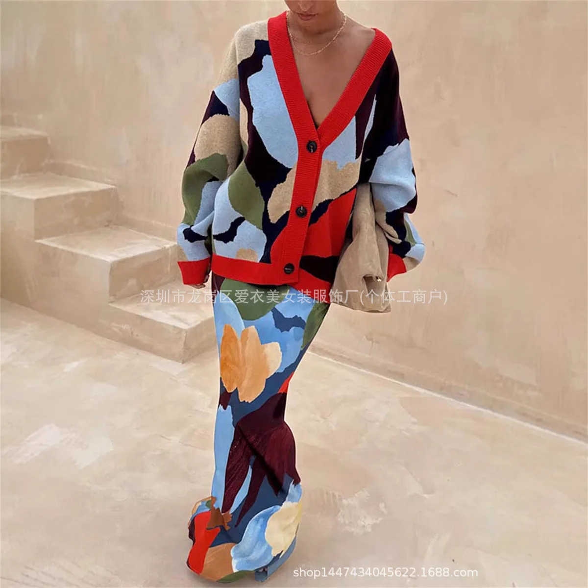 2025 Otoño Invierno nuevo bloque de Color Jacquard suelto cuello en V cárdigan de manga larga mujeres multicolor opcional moda versátil Top