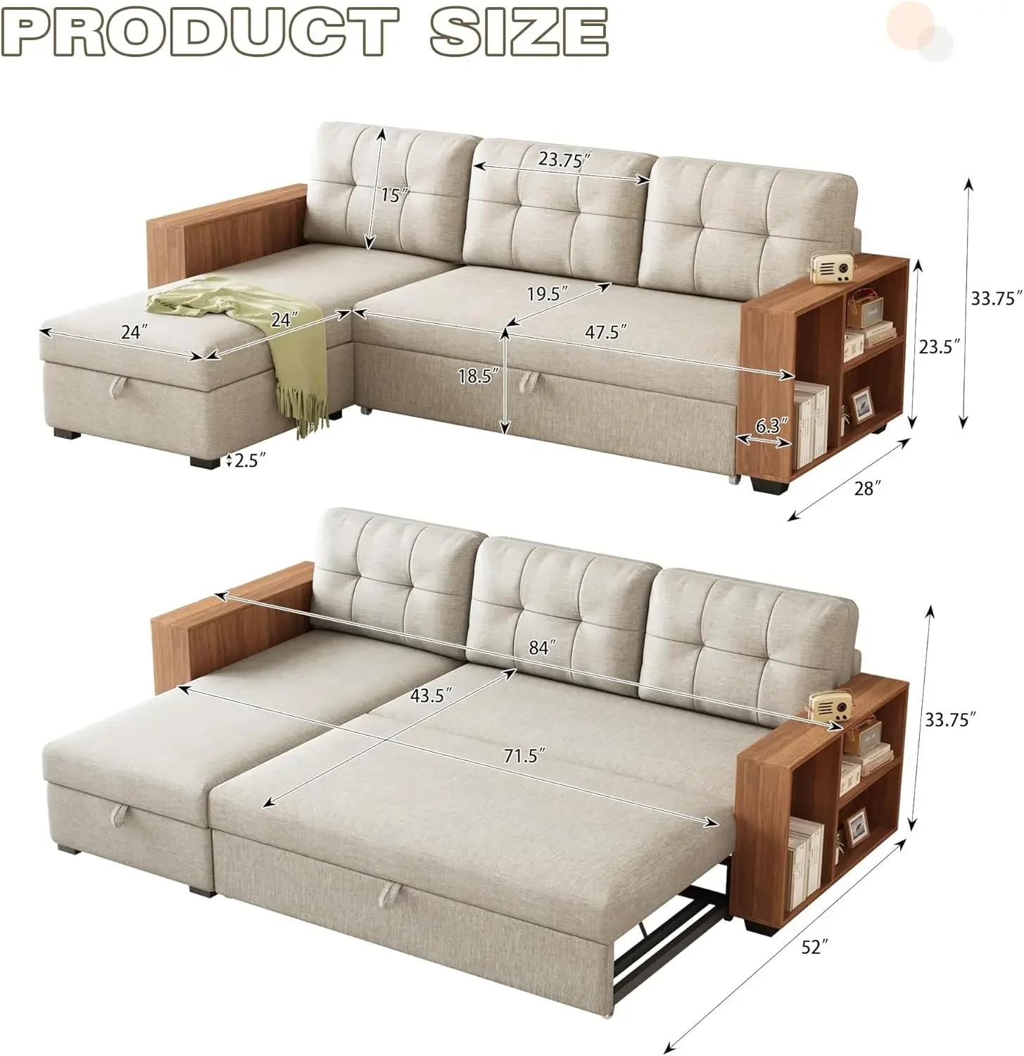 Shaped Pull Out Couch Bed with Storage Chaise,Convertible Sectional Sleeper Sofa with 2 Wooden Armrests and 3 Removable Back