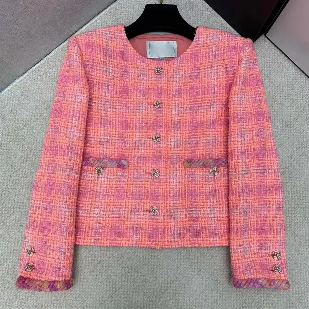 

Early Spring Soft Flowered Tweed Orange Knitted Plaid Women's round Neck Jacket Casual Fashion Basic Style Non-deformable