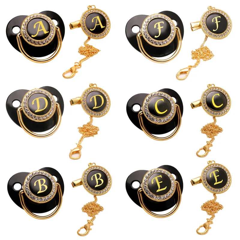 Clips de cadena de chupete de lujo negros con tapa, nombre, letra inicial, soporte para pezones de silicona, chupetes personalizados, Baby Shower para recién nacido