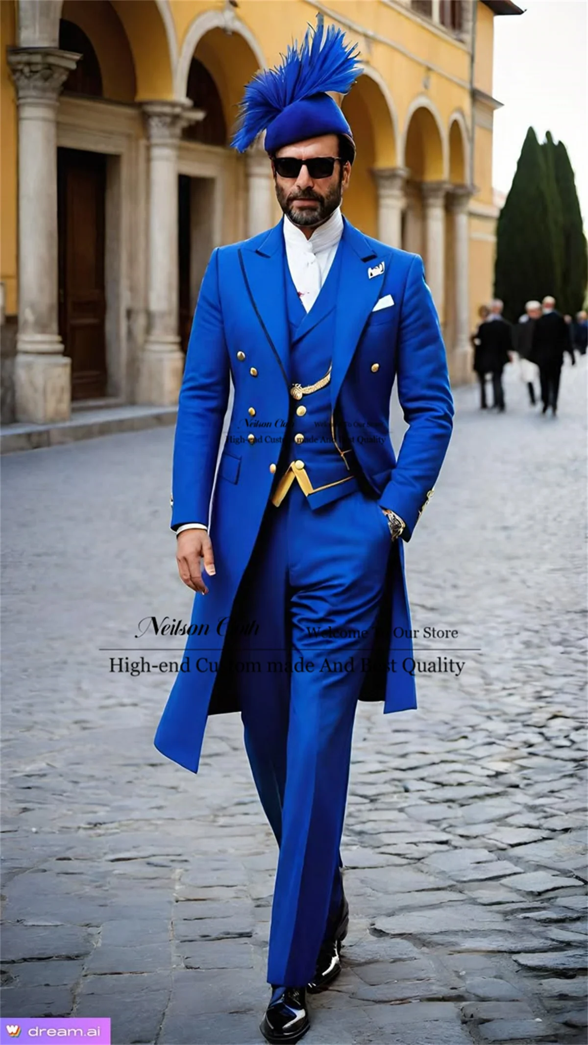 

Синее длинное пальто, мужские пиджаки для выпускного вечера, комплекты из 3 предметов, двубортные свадебные смокинги для жениха, индивидуальные остроконечные лацканы Terno Masculino