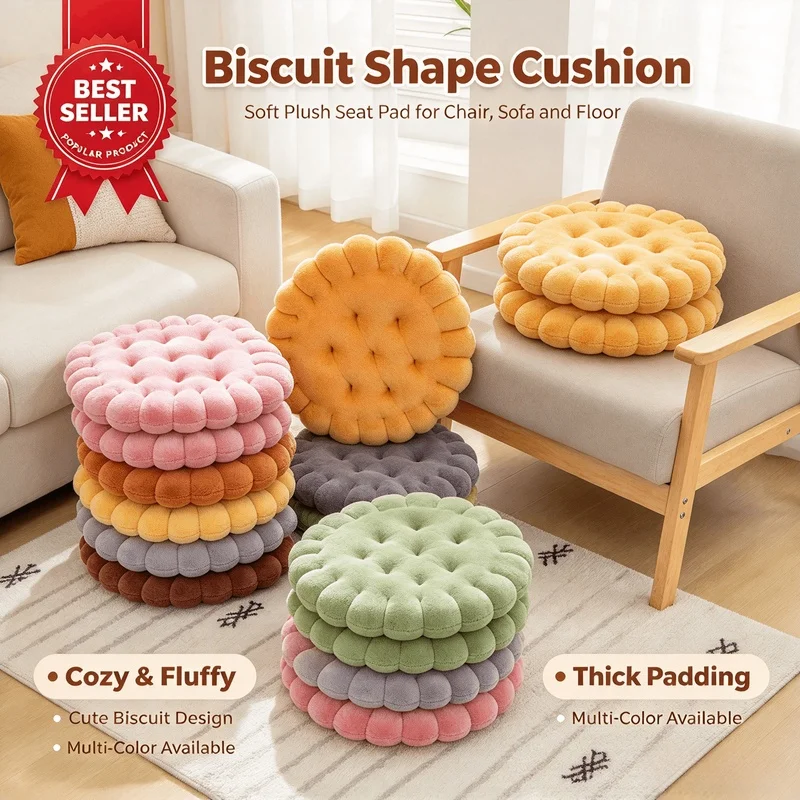Large Biscuit Shaped Plush Seat Cushion, Soft Creative Cookie Pillow, Decorative Back Pad for Tatami Chair Home Decor