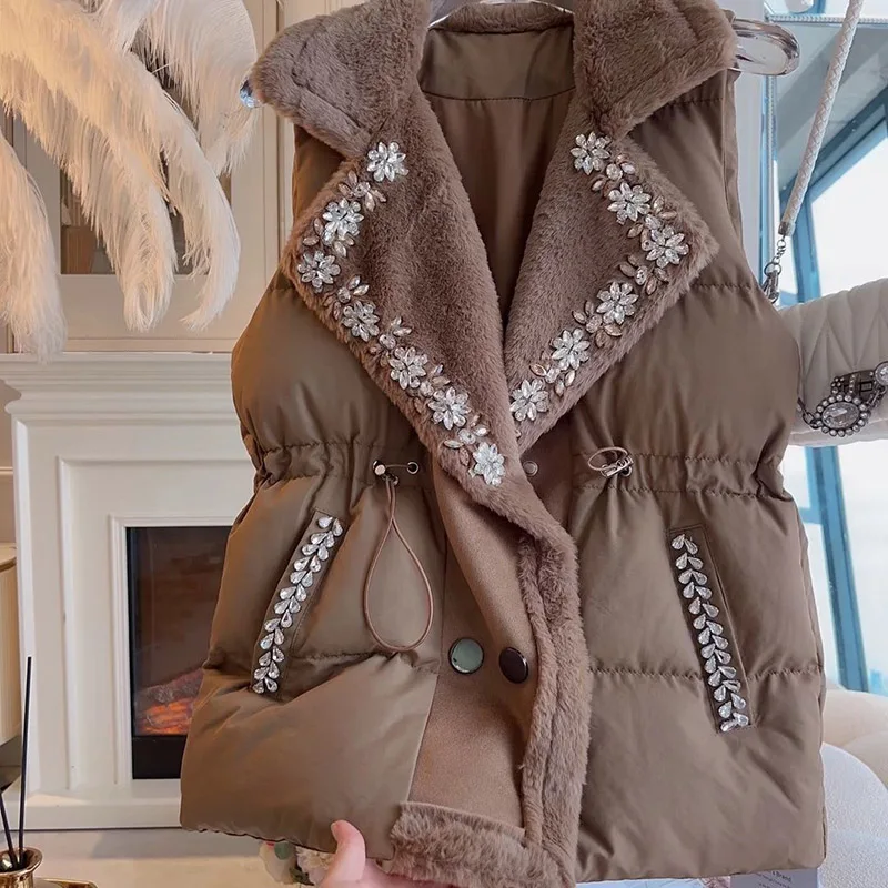 

Lamb Wool Tank Tops Chic Vest Splicing Waist-tight Slimming Lapel Women's Autumn Winter New Bead Design Cotton Jackets