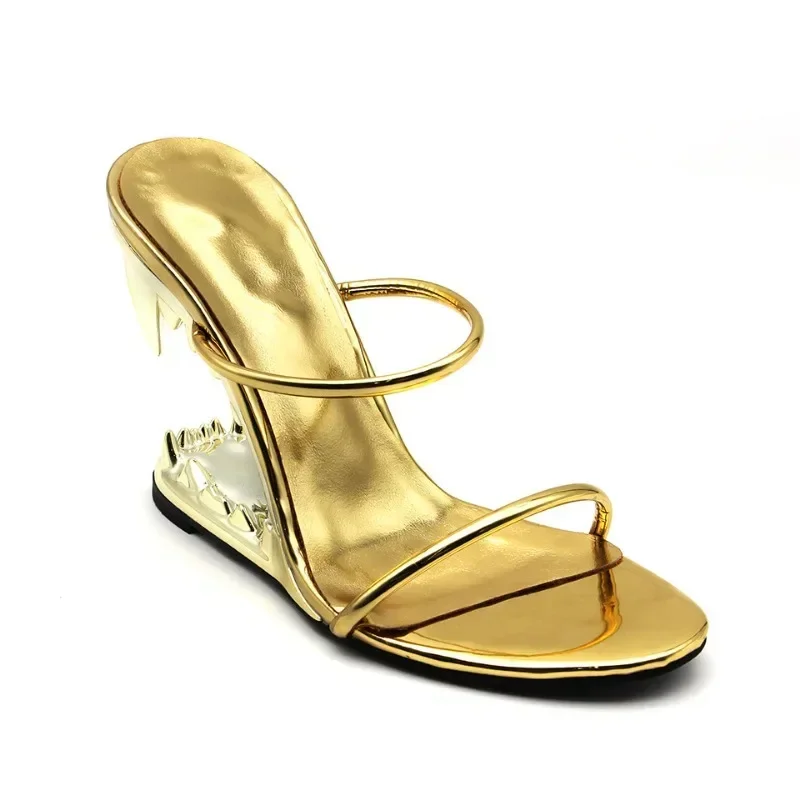 ALIDI SC جديد بسيط النمر الأسنان على شكل عالية الكعب المرأة النعال عرض الأزياء غير النظامية صندل خشبي حجم 35-41 الطرف #4