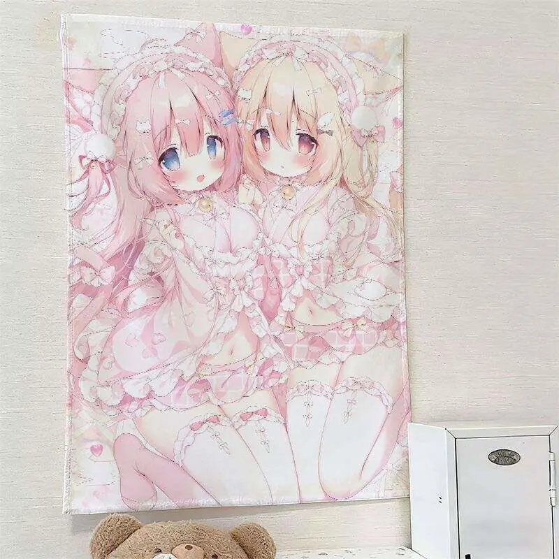 VIKAMA Pastellfarbener Neko Anime Wandteppich Süßer Weicher Kawaii Ästhetischer Wandbehang Schlafzimmer Wohnheim Apartment Gaming-Raum Dekoration – Detail 5
