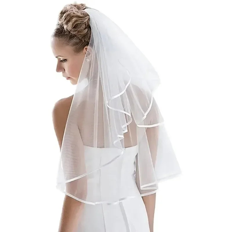 Hot Sale Tulle White Ivory Two Layers Bridal Veils Ribbon Edge Cheap Bride Accessories 75cm Short Women Veil With Comb 2022