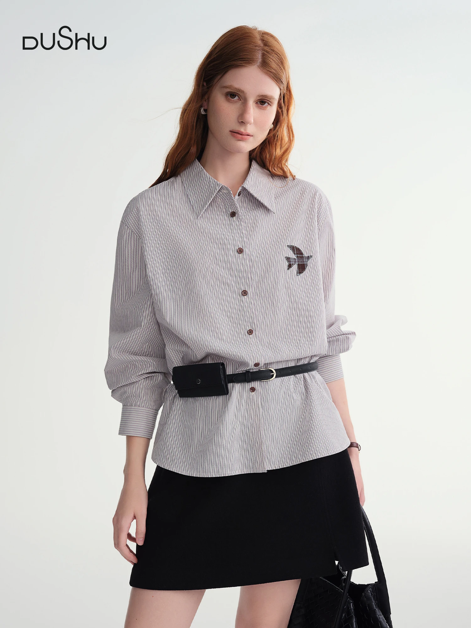 

DUSHU Plus-Size Women Fashion The Birds Artistic Checkered Applique Embroidery Stripe Shirt Winter 2025 Collection Women Shirt
