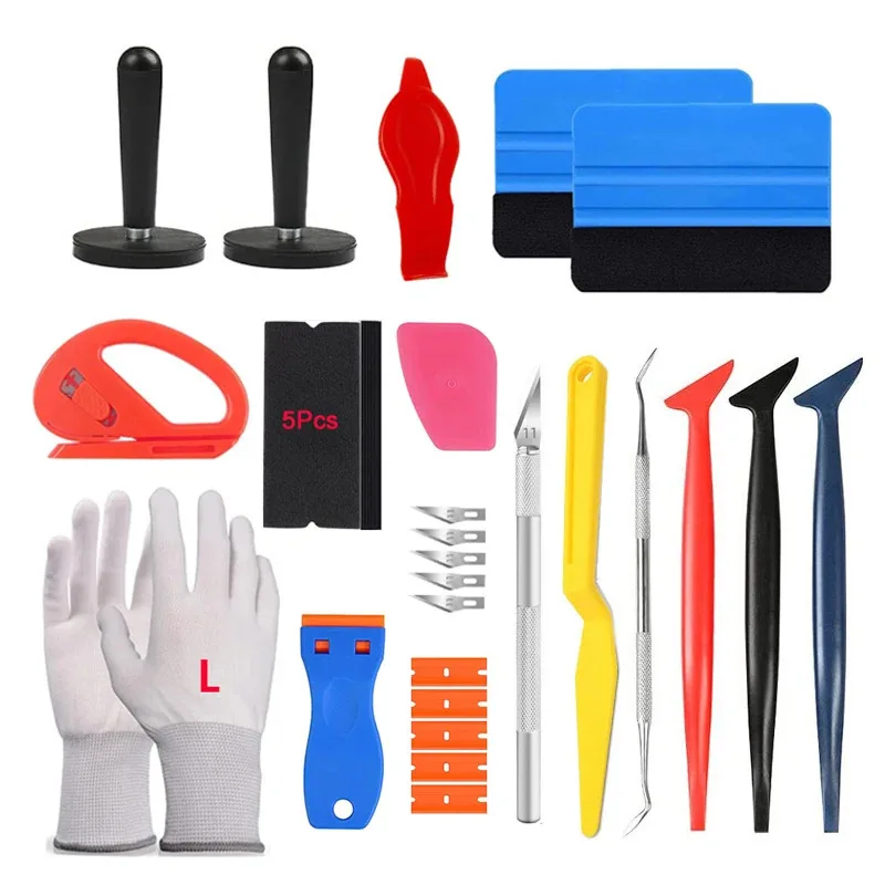 20Pcs Automotive Film Application Tools Plastic Scraper Felt Squeegee Car Magnet Holder Gloves Safety Cutter Micro Squeegee