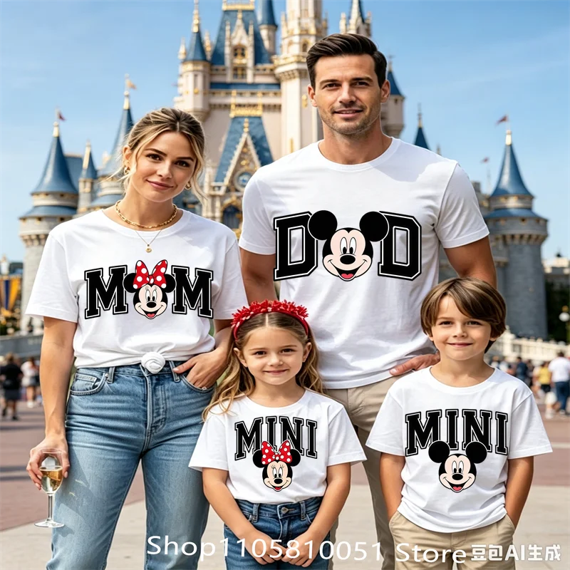 Mom Dad Mini Family Matching T‑Shirts, Cute Mickey Minnie Mouse Print Tees, Family Holiday Vacation Matching Outfit