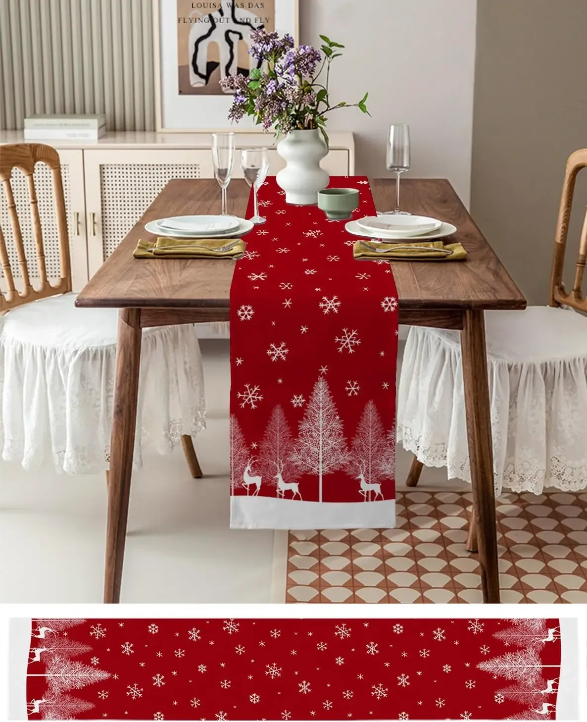 Christmas Elk Pine Tree Forest Red Xmas Snowflake Linen Table Runners Home Decor Zmywalne bieżniki na stół do jadalni Materiały imprezowe