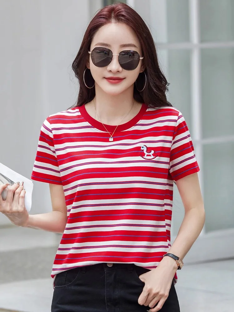 New Women Casual Embroidery T-shirt Summer Fashion Contrast Color O-Neck Short Sleeve Loose T-shirt Simplicity Basic Tees Female