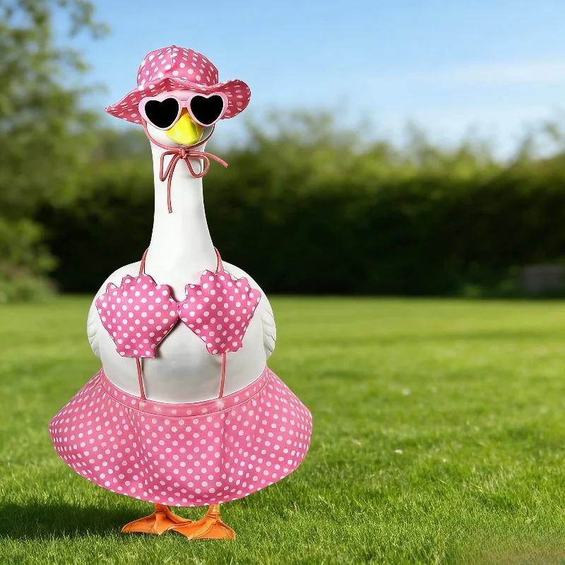 Pink Hawaiian Porch Goose Outfits, White Polka Dot Pattern Suit with Sunglasses And a Hat Applicable to 23 Inch for Cement Goose Outdoor Garden Yard Decor view 5