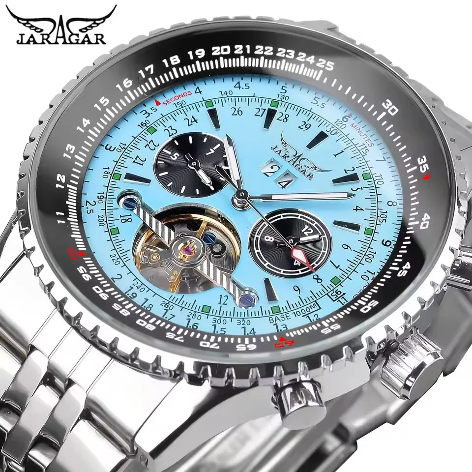 JARAGAR Sports Mechanical Watch for Men Fashion Tourbillon Skeleton Automatic Watches Leather Steel Strap Military Wristwatches