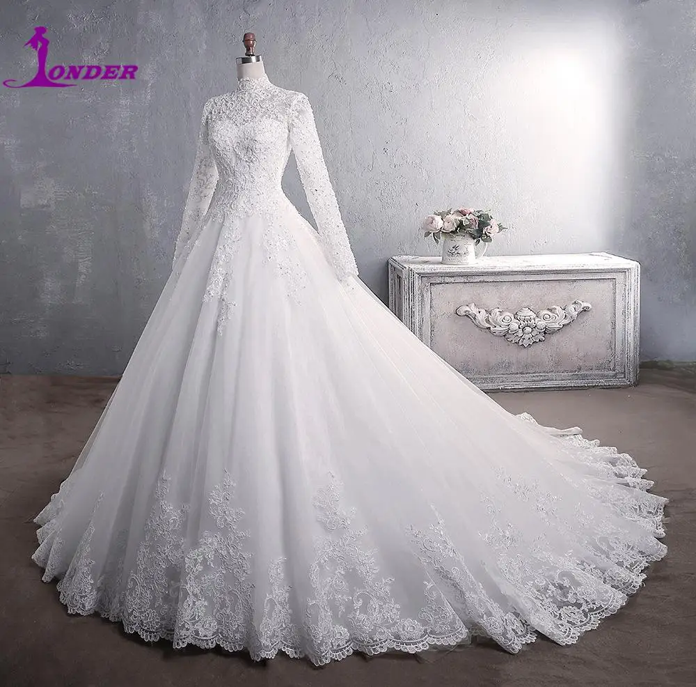 Vestido de casamento muçulmano 2024 elegante pescoço alto com trem princesa vestido de noiva de luxo renda vestido de casamento personalizado