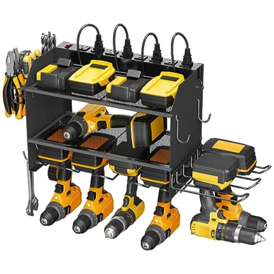 

Modular Power Tool Organizer Wall Mount Charging Station 6 Drills Holder with 8 Plug Power Strip Garage Drill Battery Heavy Dut