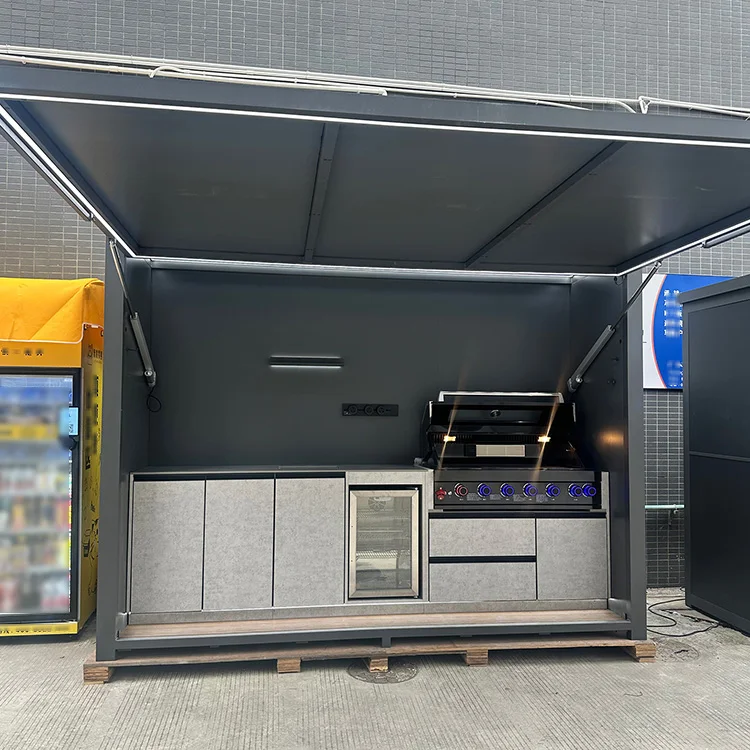 Premium All Weather Stainless Steel Outdoor Kitchen Pod With Motorized Roof And Built In Sink Grill Fridge Cabinet