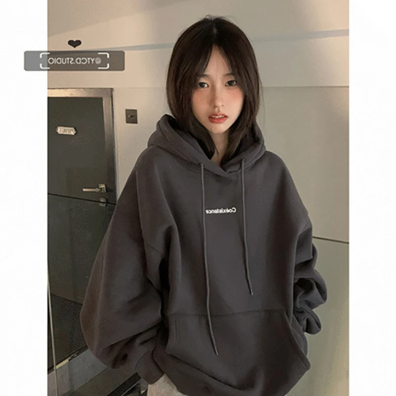 Fashion Dark Grey Hoodie Fleece Thicken Sweatshirt Long Sleeve Korean Letter Printing Baggy Female Tops Pullover Hoodie Autumn