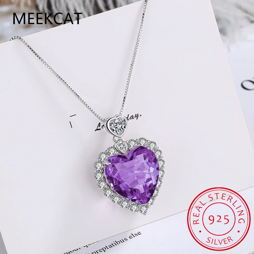 Natural Purple Amethyst 925 Sterling Silver Heart Pendant Necklace Gemstone Statement Necklace Choker Colar de Prata