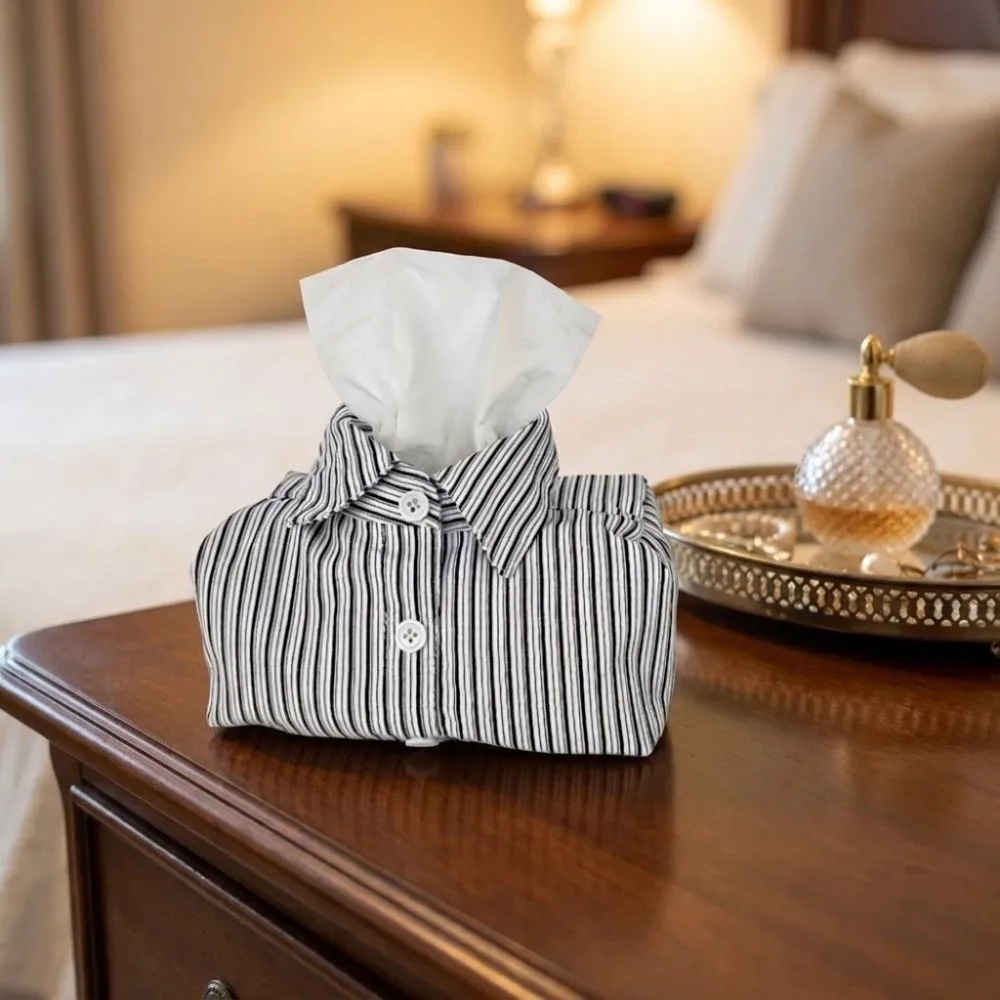 Retro Striped Shirt Tissue Box Lapel Shirt Shaped Polyester Tissue Box Cover Washable Korean Style Desktop Storage Bag Desktop