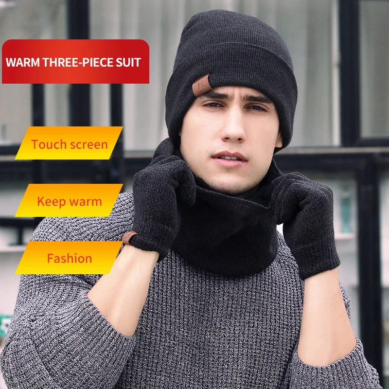 Winter Warm Hat Scarf Warm Scarf Hat Gloves Set Male Female Hat Scarf Set 3 Pcs Skullies Beanies