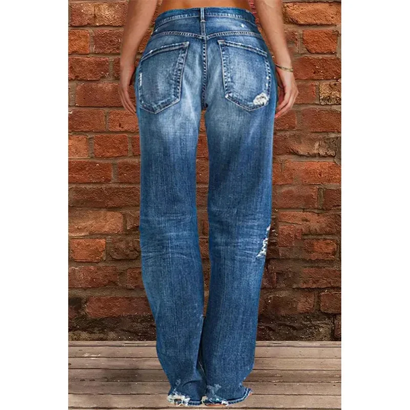 Denim Pants Capris 2023 Women Ripped Vintage Middle Waist Straight Wide Leg Pants Jeans Long Pants Work Summer Blue Jeans Capris