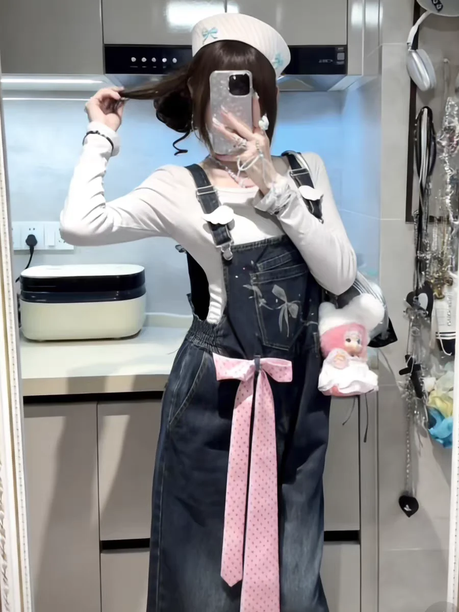 

Waed Denim Overalls Knot Large ket Loose Slimming Spring Summer Casual High Waist Straight Leg Anti-Stain