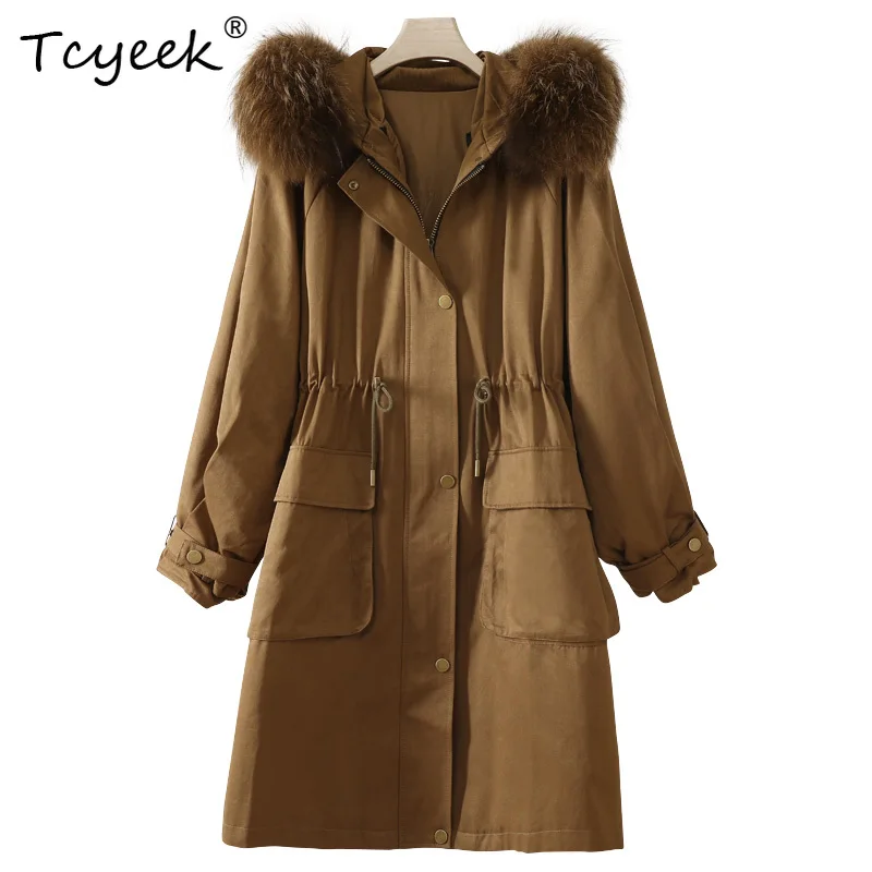 Tcyeek automne hiver détachable col de fourrure de raton laveur loutre fourrure de lapin à capuche couleur Caramel longue femmes Parka manteau de fourrure Veste Femme