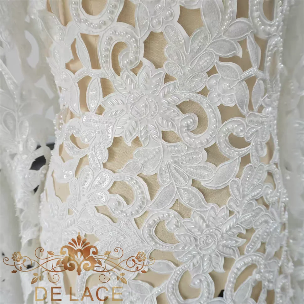 

Элитное кружевное полотно JZQ с тяжелой вышивкой бисером, ажурным цветочным узором для свадебных платьев