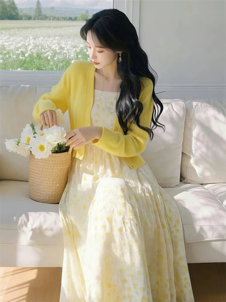 

Spring 2025 New plus Size Beautiful Floral Print Open Cardigan Dress Two Piece Set Slimming Ageless Commute Style Casual Wear