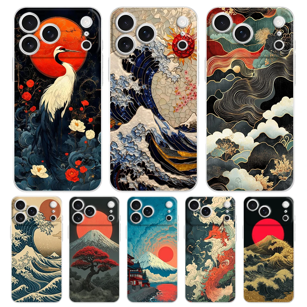 Weiche Handyhülle für iPhone 17 Air 16E 16 11 15 14 Pro MAX 12 13 7 8 Plus SE Oster-Schutzhülle Japanischer Stil Kunst Japan