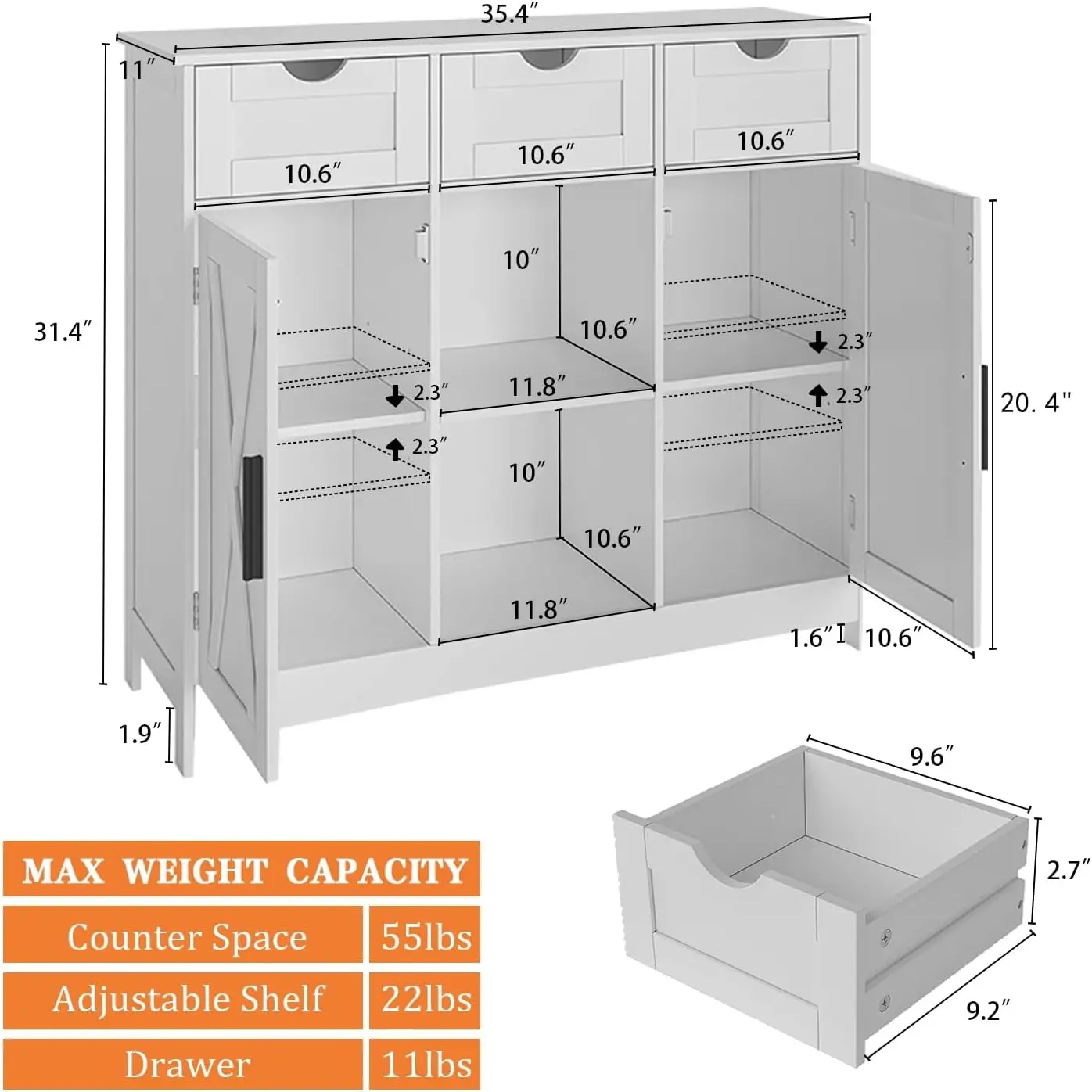 

Storage Cabinet, Coffee Bar Cabinet with 2 Adjustable Shelves, 3 Drawers, and 2 Doors,for Bathroom, Kitchen, Living Room (White)