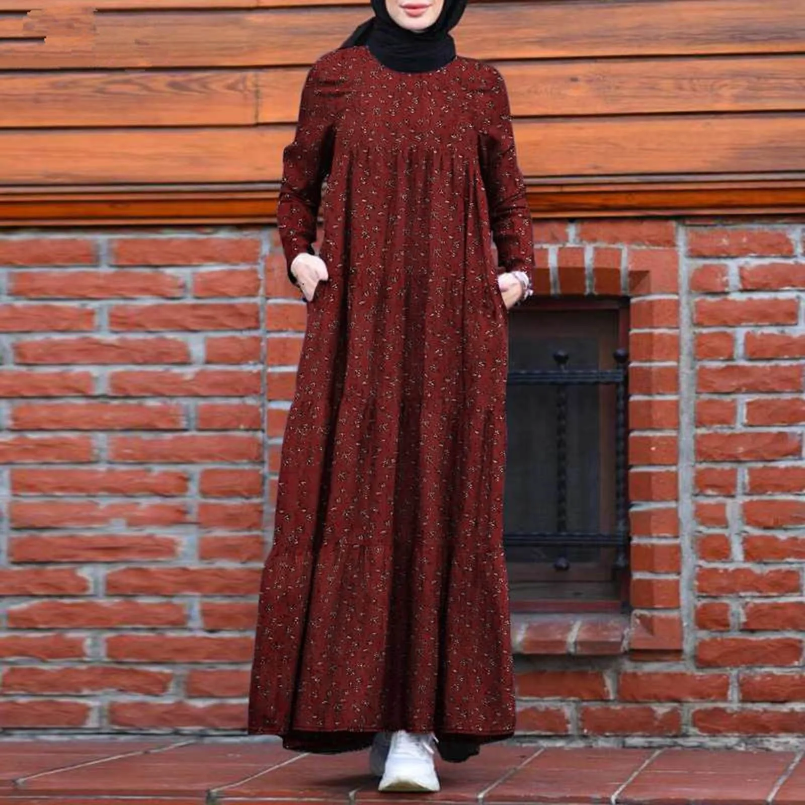 Sukienka damska Eid Muslim Abayas O Neck Print Dubai Abaya Long Robe Zippers Loose Ramadan Morocco Patchwork Casual Pleated Pockets