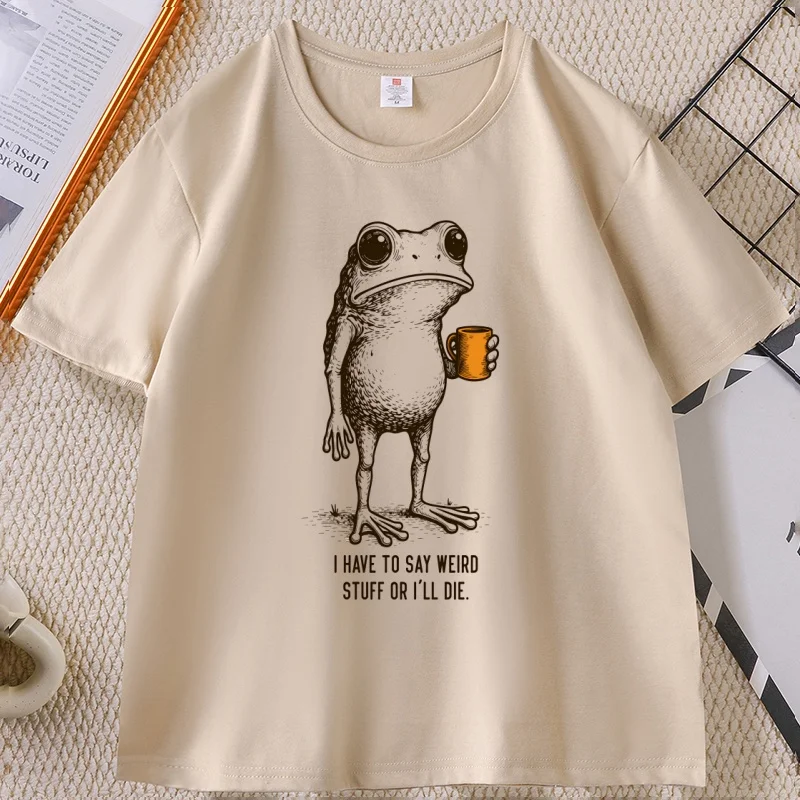 I Have To Say Weird Stuff or I'll Die Frog Drinking Coffee T-Shirt Men Women Weird Humor T Shirt Breathable Casual Cotton Tops