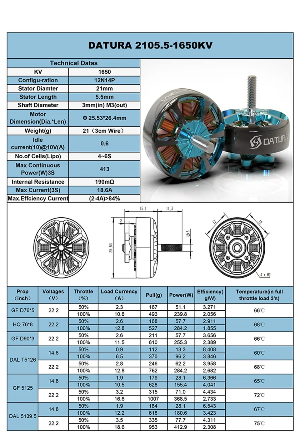 Foxeer Datura 2105.5 RC 브러시리스 모터 2105, FPV RC 레이싱 드론용 프로펠러 샤프트, 1650KV 4-6S 2950KV 3-4S M3 M5