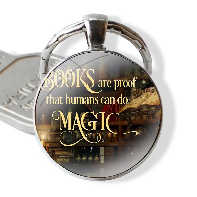 Books Are Magic Keychain Handmade Glass Cabochon Key Ring Holder Pendant Key Chains