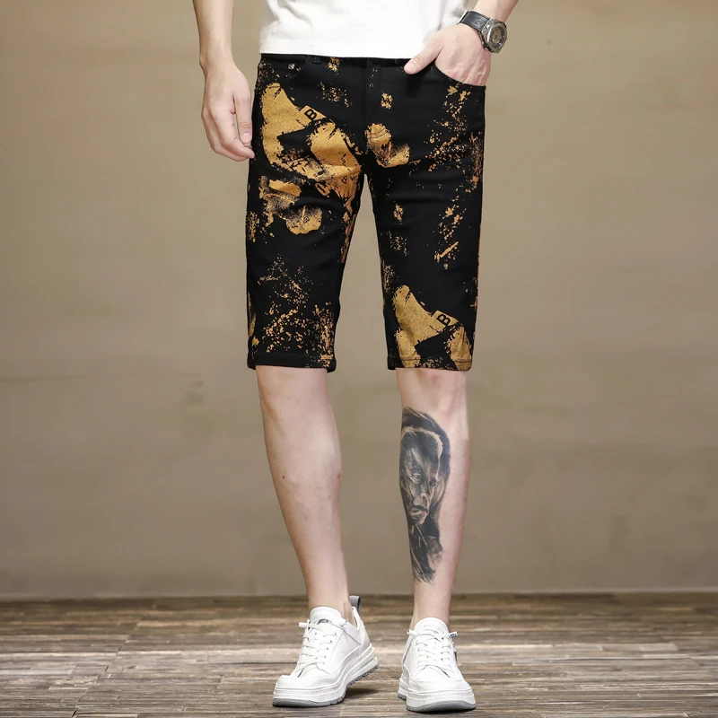 Summer Thin Black Denim Shorts Printed Personality Fashion Brand Five-Point Casual Pants Korean Stretch Beach Pants