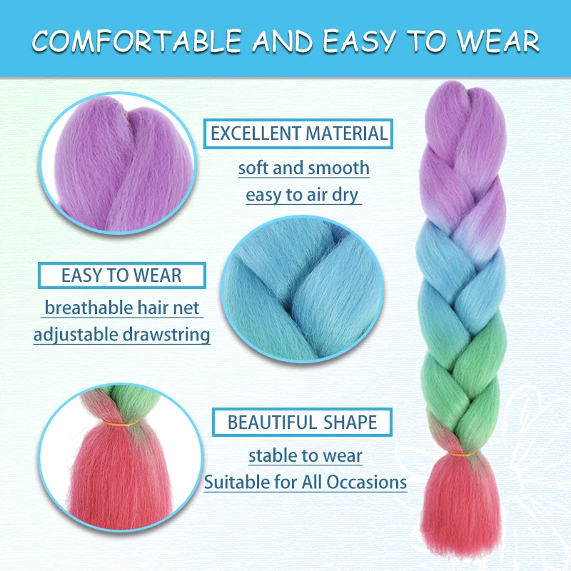 Extensiones de cabello trenzado de arcoíris, trenzas de pelo de ganchillo Jumbo sintético de 24 pulgadas para caja trenzada, extensiones de cabello con trenzas torcidas