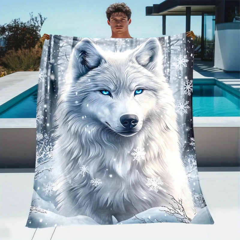 Snow Forest Blue Eyed Gray Wolf Realistic Throw Blanket,Warm Lounge,Bedroom Decor,Birthday Cool Stylish Household Souvenir