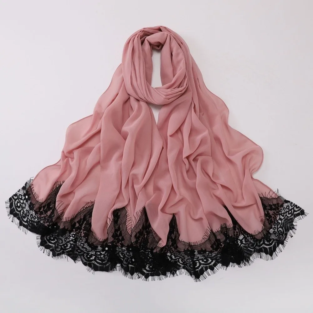 Pearl Chiffon Long Hijab Eyelash Black Lace Soft Material Malaysian Headscarf Solid Color Lace Edge Scarf Islamic Occasions
