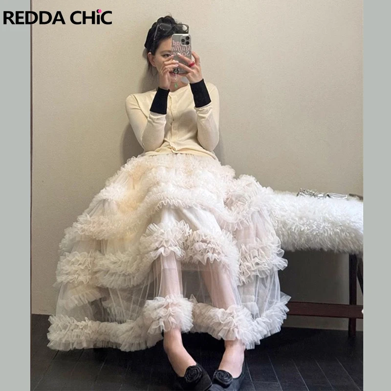 

ReddaChic Fairy Многослойная пышная тюлевая юбка-пачка принцессы с оборками трапециевидной формы с эластичной резинкой на талии, однотонная макси-длинная юбка-тортик, женская одежда