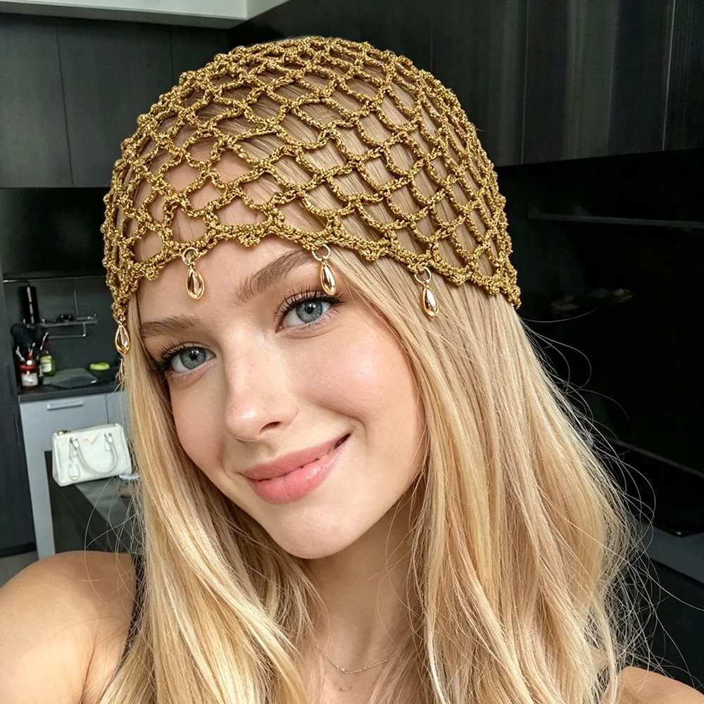 Boho Style Women's Handmade Crochet Hat Summer Shell Pendant Hollow Knitted Hat Retro Fishnet Turban Hat Gold Pullover Hat
